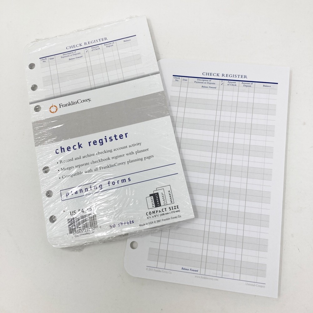 Franklin Covey Check Register Planning Forms Refill Compact Size (80 Sheets)