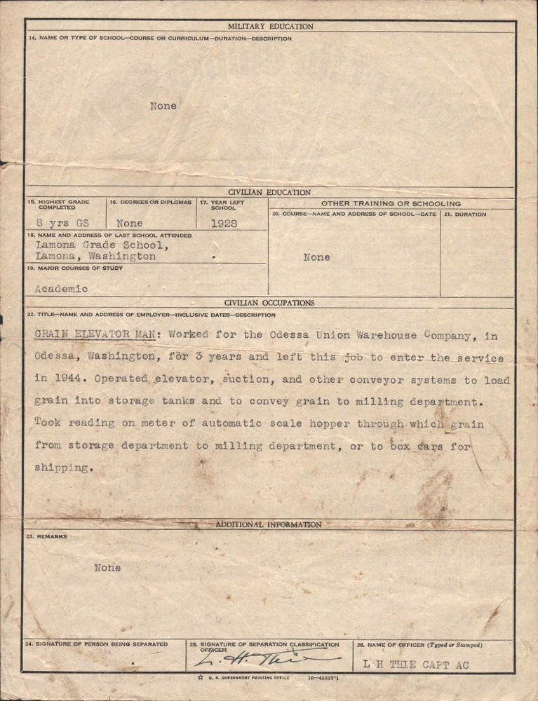 1946 WWII U.S. ARMY SEPARATION QUALIFICATION RECORD vintage military document
