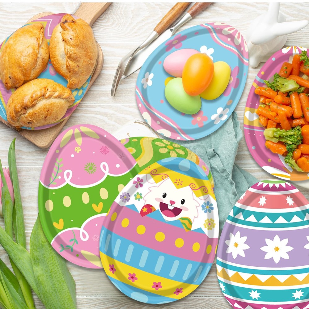 Easter Egg Tableware - 60 Pcs Bunny Egg Shaped Plates & Napkins Set for Happy E
