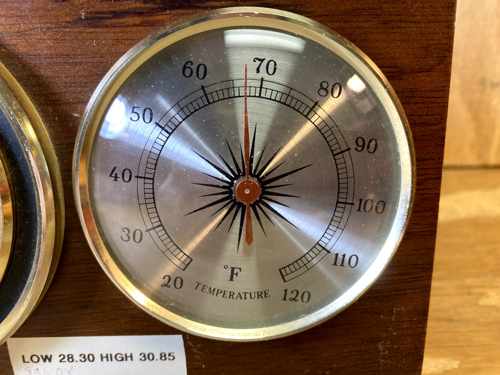 Tabletop Weather Station featuring three analog gauges in a solid wood case