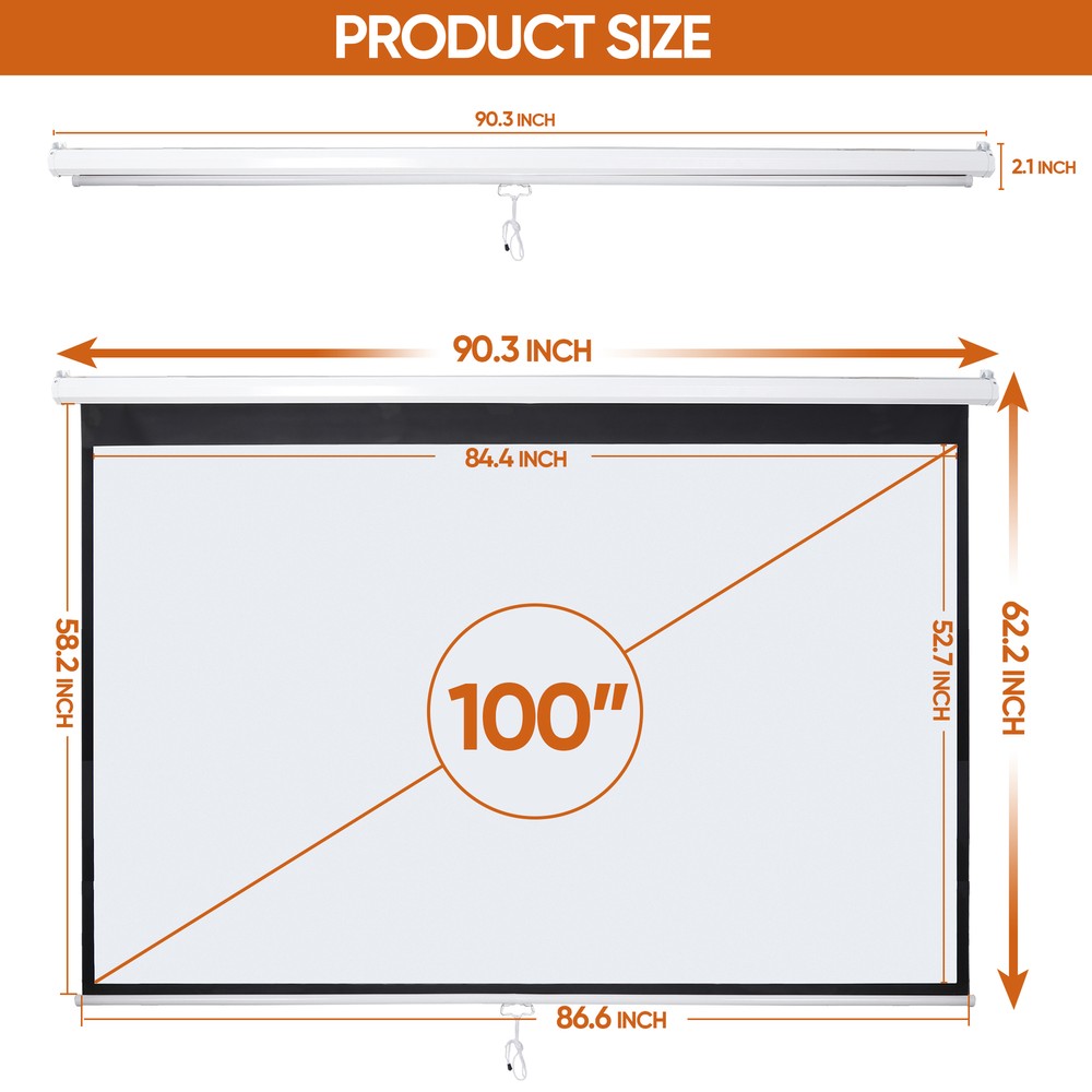 100" Projector Screen Manual Pull Down Projection Screen Theater 16:10 4K HD