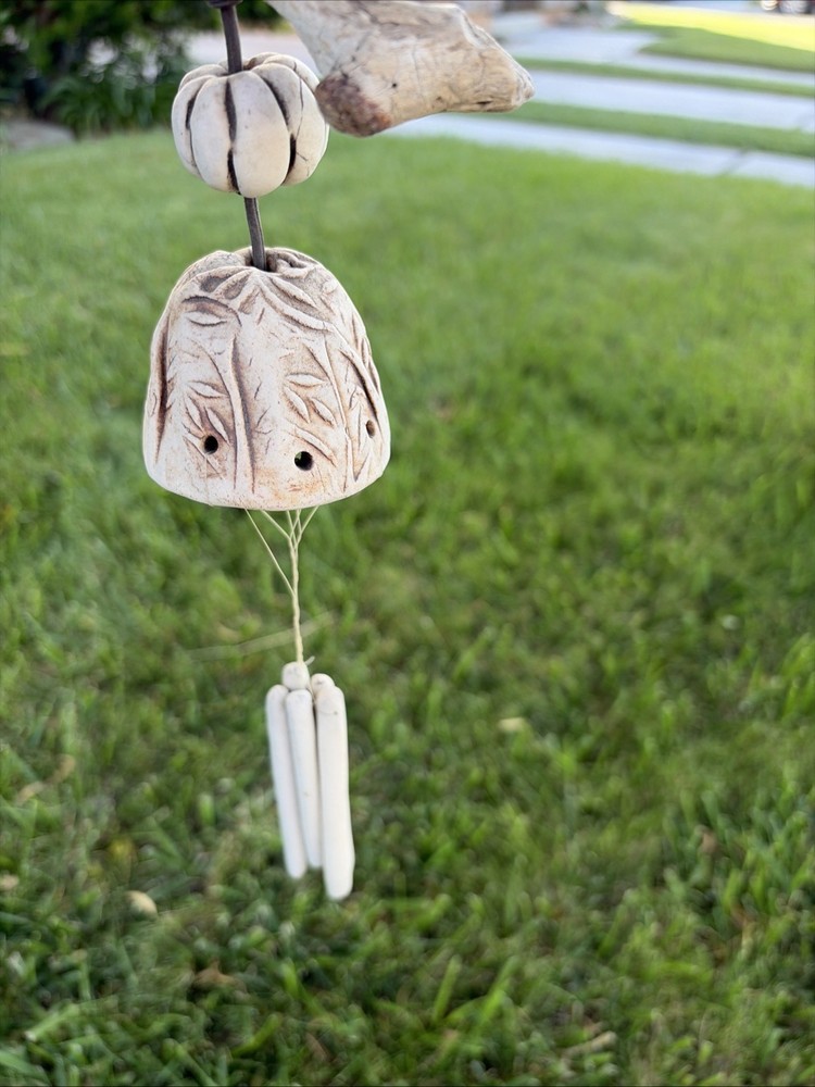 Hazel Olsen Attributed Driftwood Fish Pottery Shells Wind Chime Wall Hanging