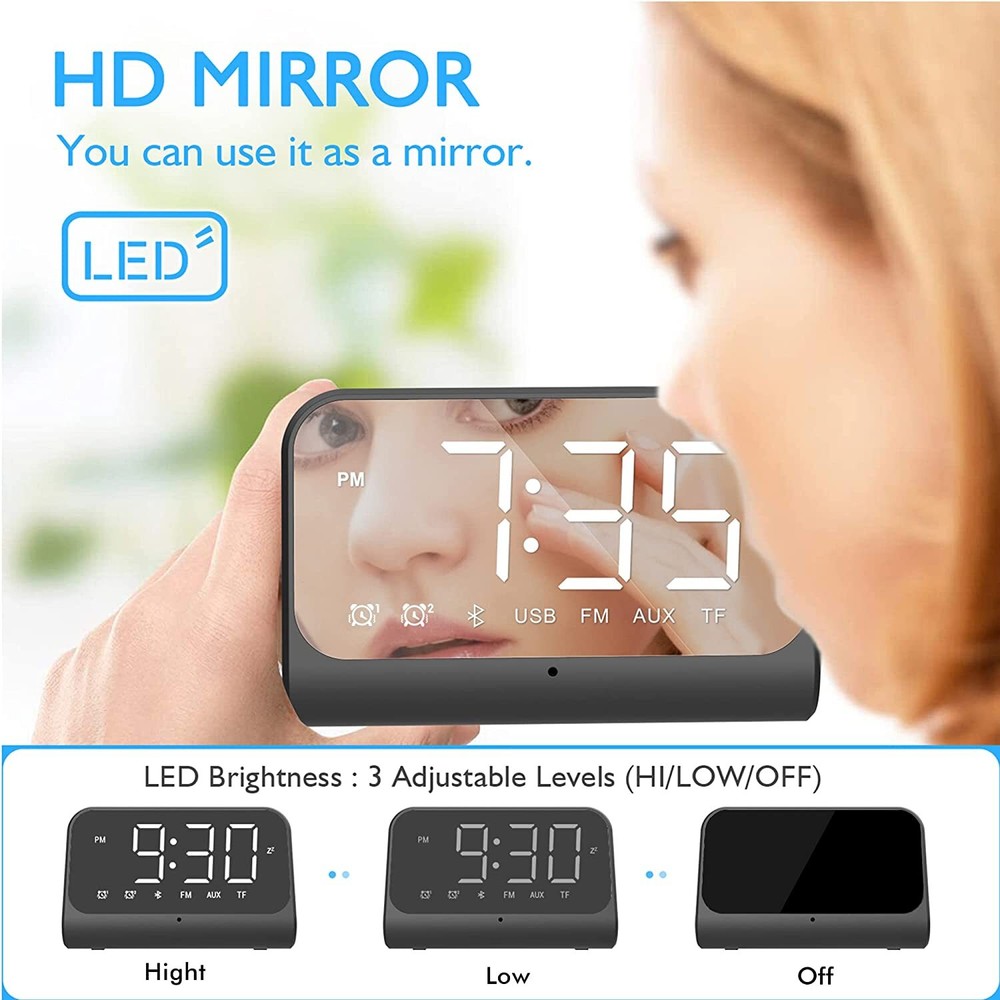 Yariaii Mirror Front Digital Alarm Clock with Bluetooth Speaker