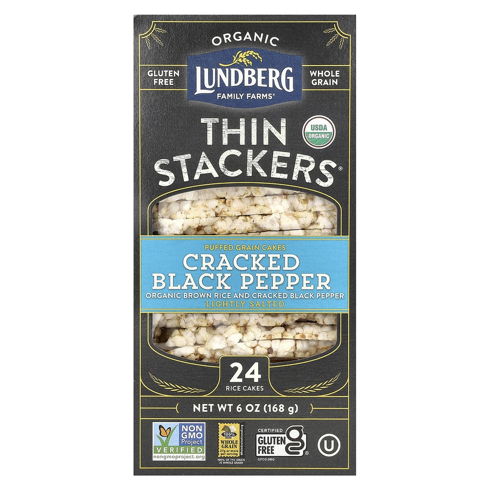 Organic Thin Stackers, Puffed Grain Cakes, Cracked Black Pepper, Lightly Salted,