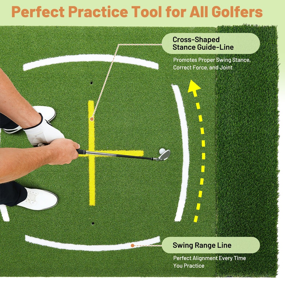 Dual Turf Golf Hitting Mat 5x4 FT Practice Golf Mat w/ Path & Stance Guide Lines