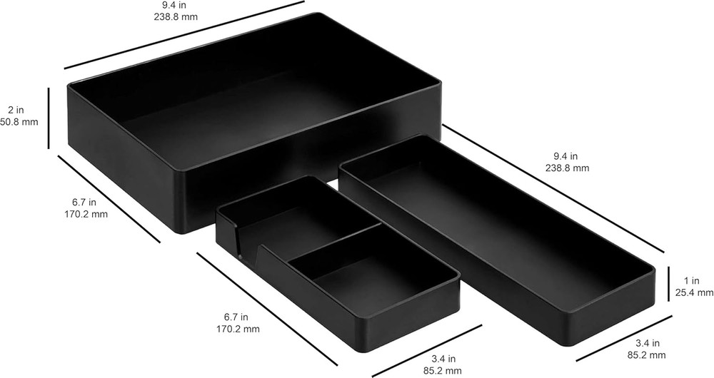 Rectangular Plastic Desk Organizer Bundle, 3 Pieces with Half Accessory Tray, Sm