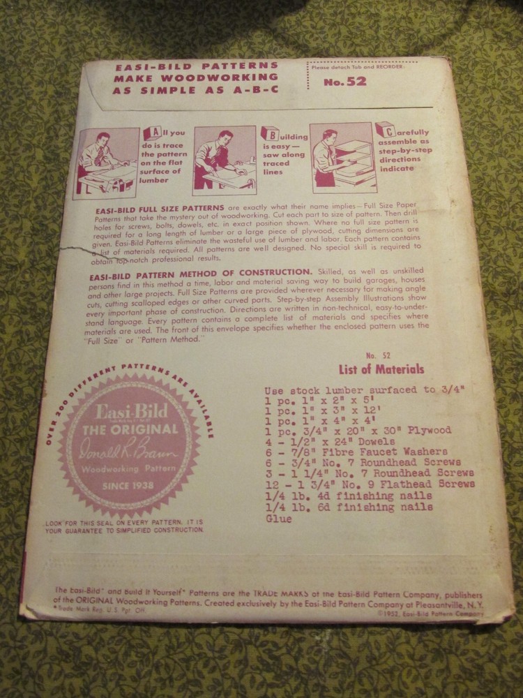 Easi-Bild Build It Yourself PATTERN COMPLETE NO. 52 Serving Tray Table Folding