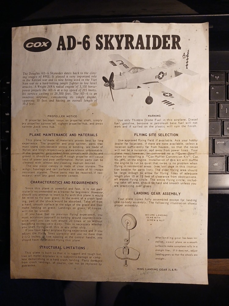 COX AD-6 SkyRaider 1970's Original Manual Instruction Booklet