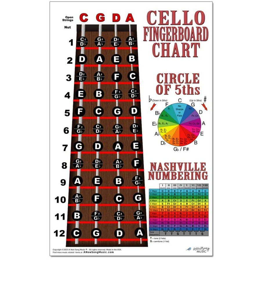Cello Fingerboard Notes Instructional Poster Beginner Wall Chart Theory