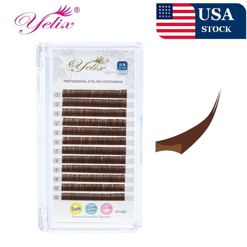 Yelix Brown Ellipse Flat Eyelashes Extension 12 Rows C/D Curls Split Tip Natural