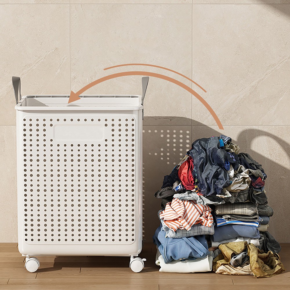 Folding Laundry Basket Hamper Movable Bathroom Dirty Clothes Hamper w/ 4 Wheels