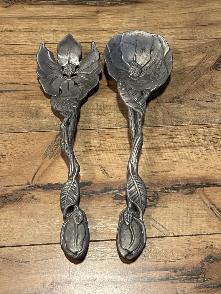 Aluminum "Magnolia" Serving Utensil Set Spoon & Fork Pair ~ EUC