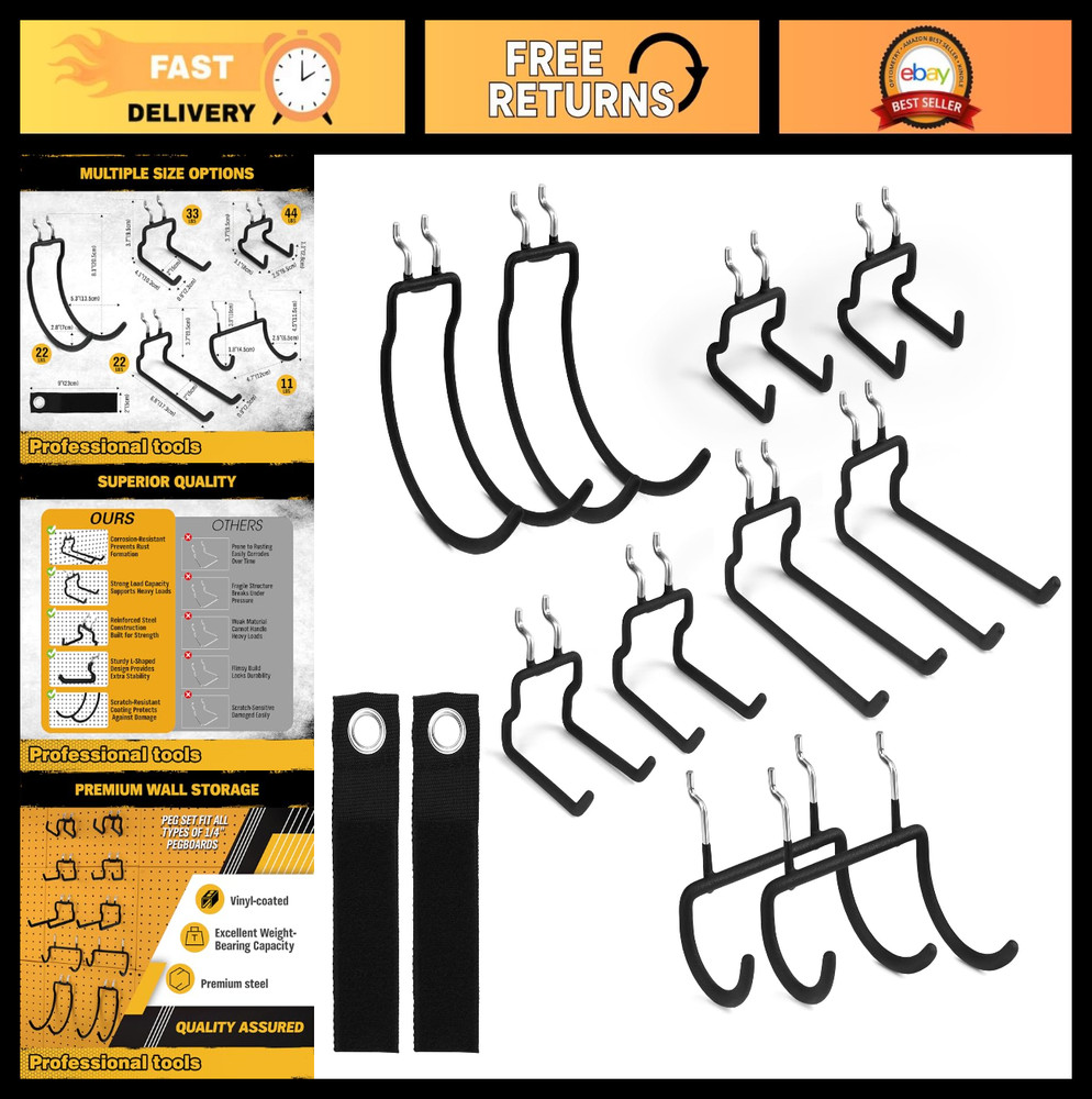 12-Piece Heavy Duty Pegboard Hooks & Straps - Organizer Accessories for Tools, D
