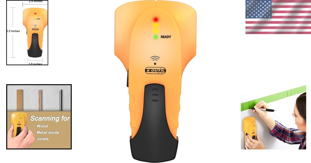 Compact Battery-Powered Stud Finder with Audio Alert and LED Display – Yellow