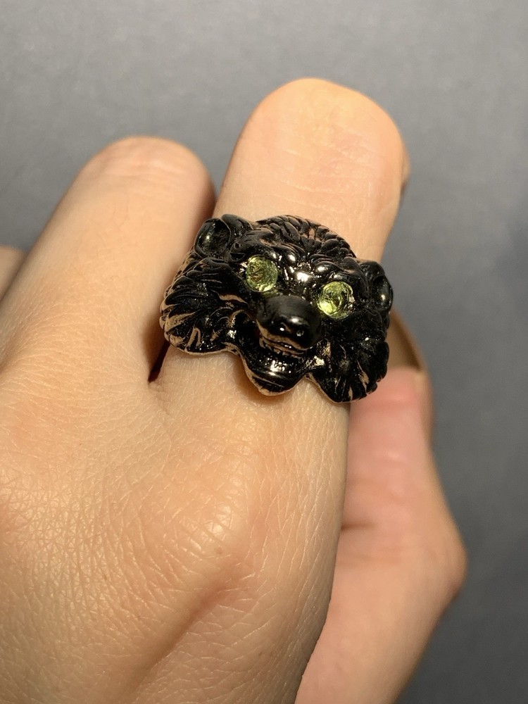 Natural Olivine Gemstone Wolf Head Cooper Man Ring/ Adjustable