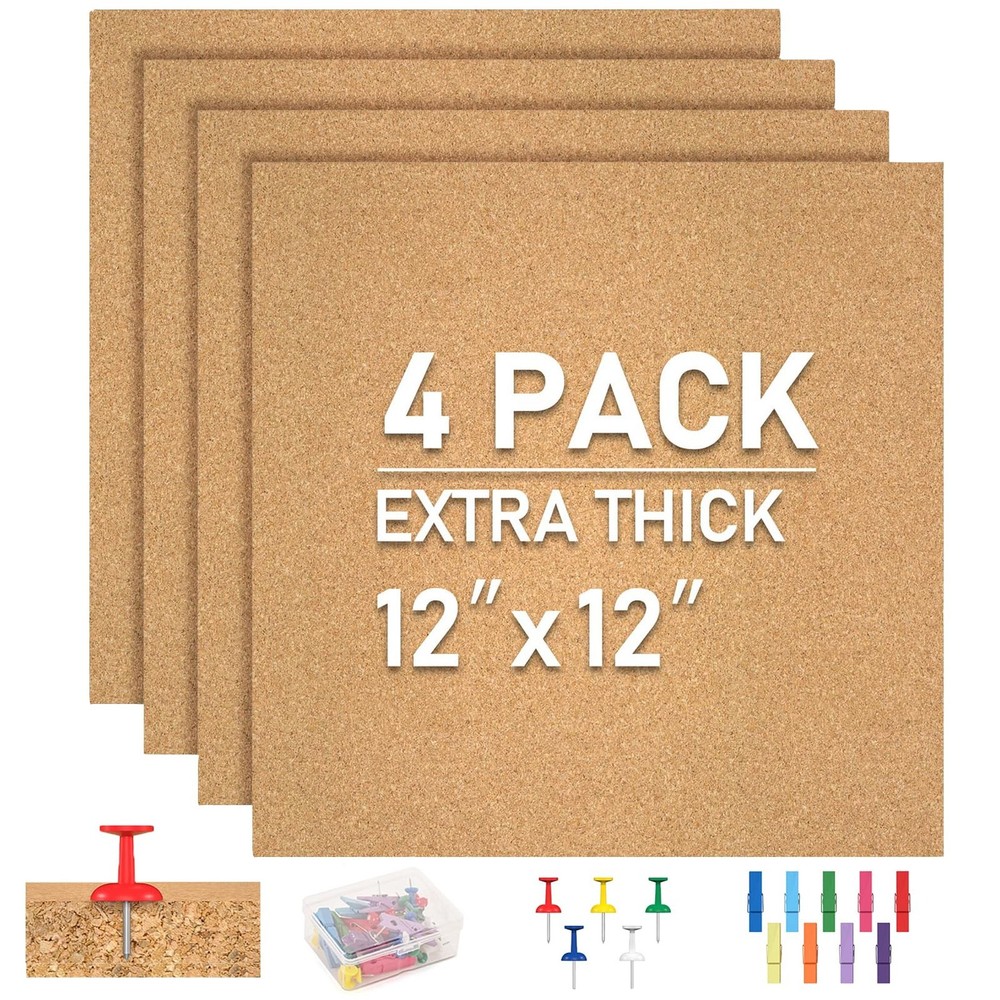 4 PCS Square Cork Board Tiles Self Adhesive Small Wall Decorative