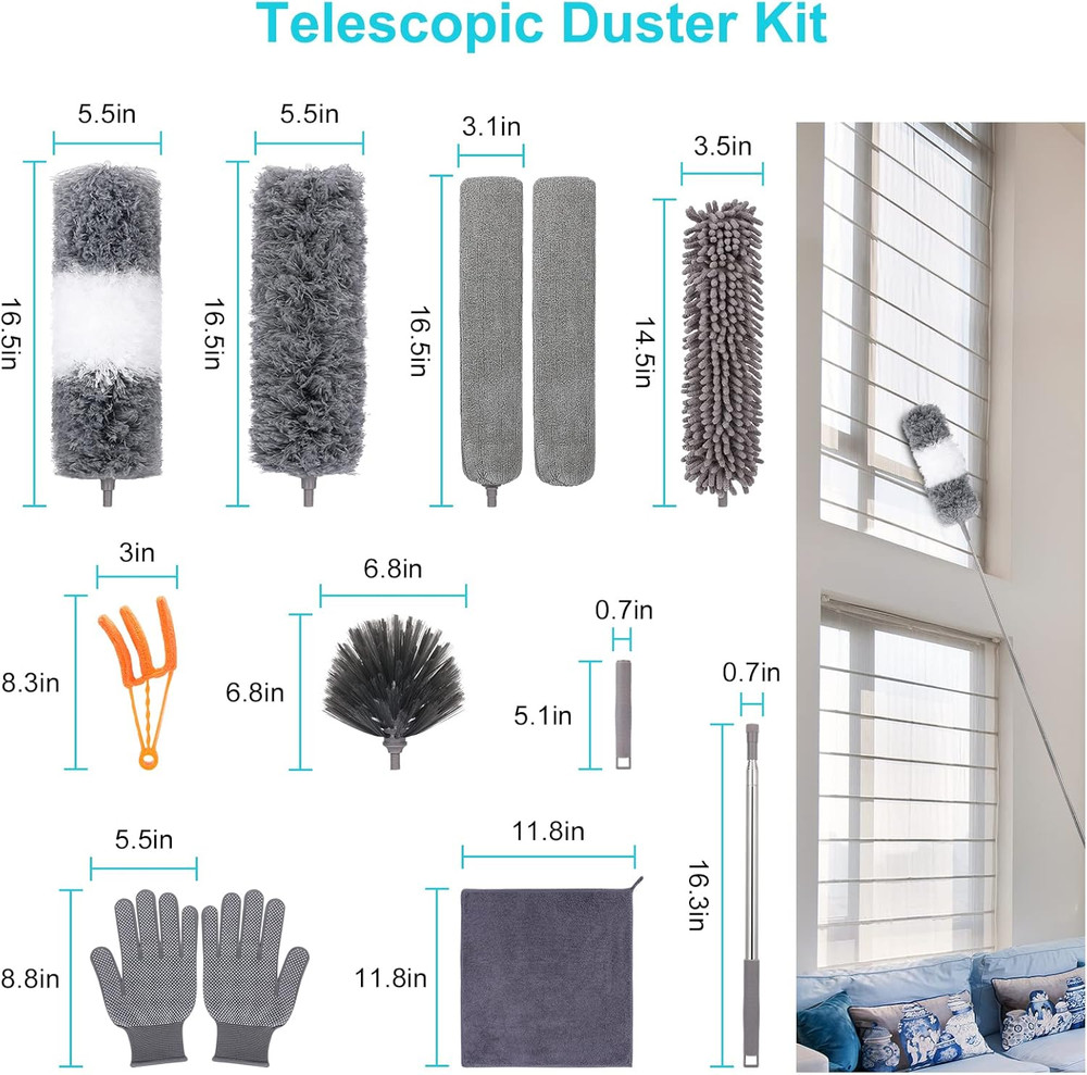 12pc Extendable Duster Kit 100in Pole with Microfiber Cobweb & Crevice Brushes