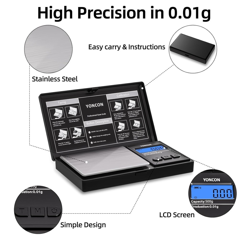 Compact 500g Digital Gram Scale with Tare Function - Accurate for Gems & Spices