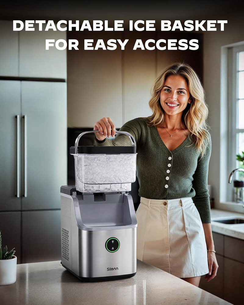 Nugget Ice Maker Countertop, Ice Basket with Handle, Quiet Operation & Self Clea