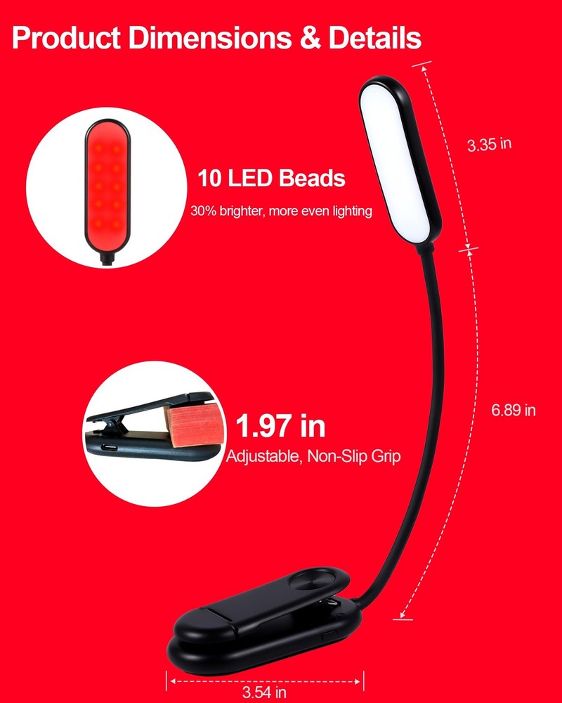 670nm Red Book Light [1 Pack] - Zero Blue Light, Rechargeable Clip On Red Rea...