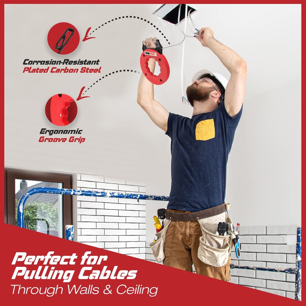 50ft Fish Tape Wire Puller - Flexible Cable Tool with Double Loop Tip