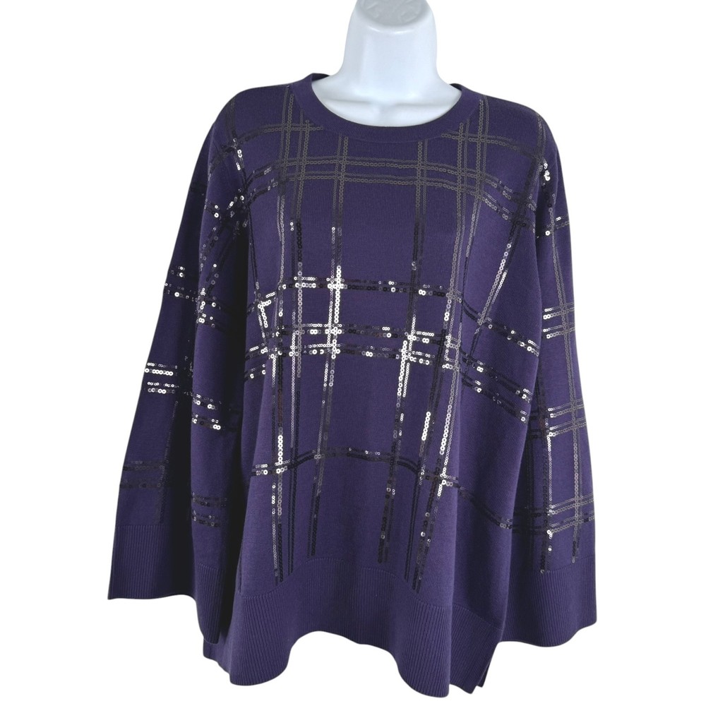 Chico's Pullover Sweater Size 3 Sequins Plaid Midnight Violet NWT TP-3869