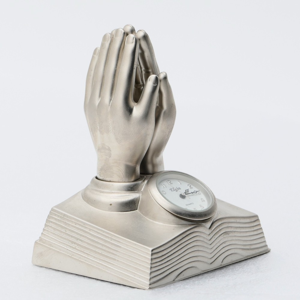 Elgin PRAYING HANDS Matte Silver Metal Mini Clock Figurine