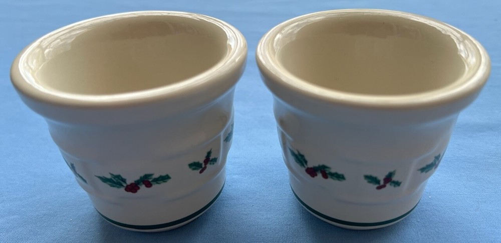 TWO Longaberger Pottery Holly Votive Candle Holders Mint!