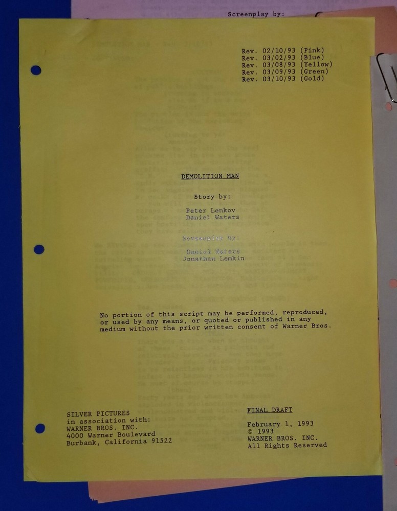 DEMOLITION MAN 1993 original script revisions SYLVESTER STALLONE SNIPES BULLOCK