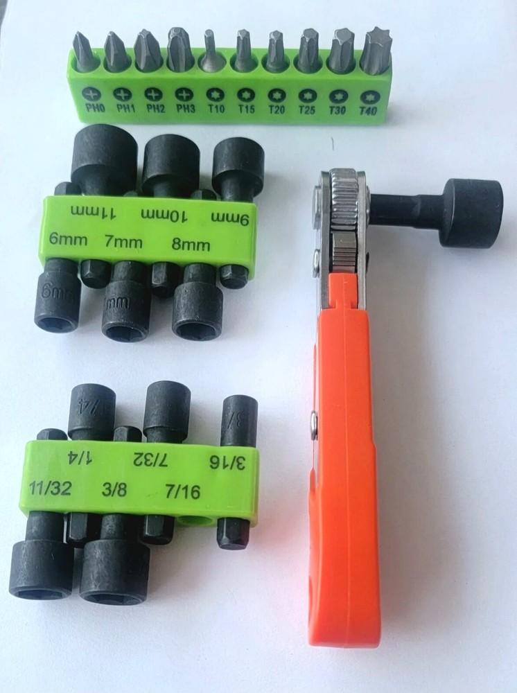 High visibility Ratchet with hex key set and mixed tips.