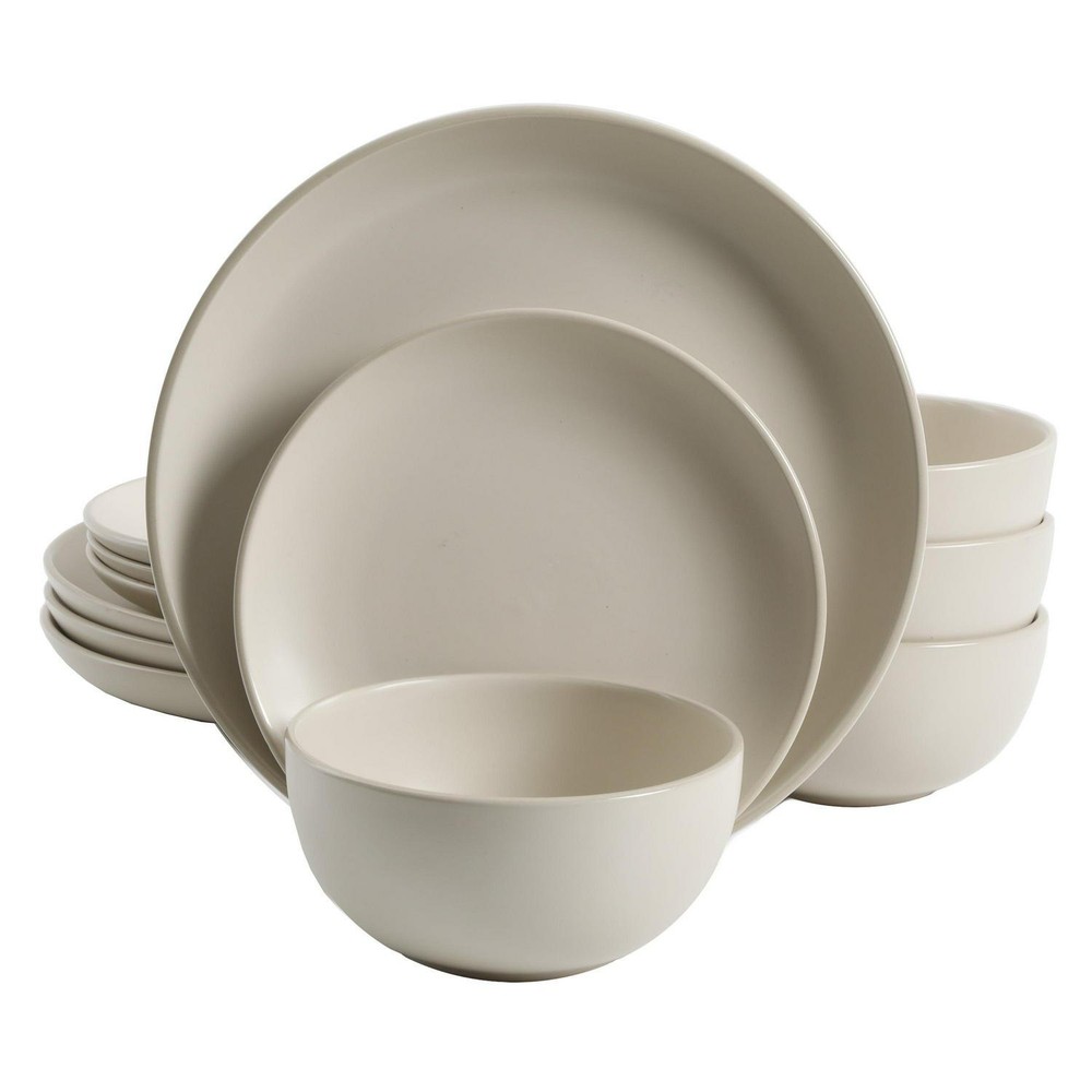 12-Piece Dinnerware Set Kitchen Table Serving Plates Bowls Stoneware Cream Beige