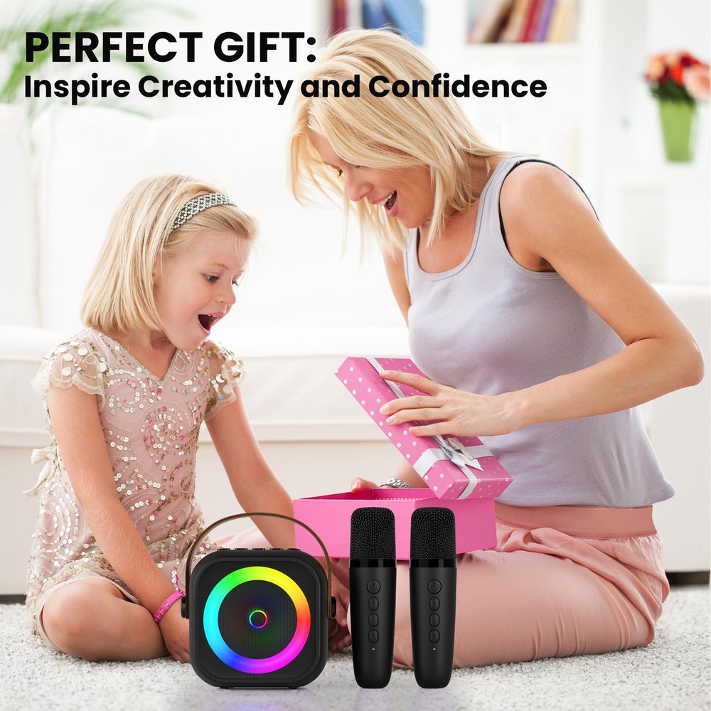 Mini Karaoke Machine, Portable Bluetooth Speaker 2 Mics, Black 2 Mics
