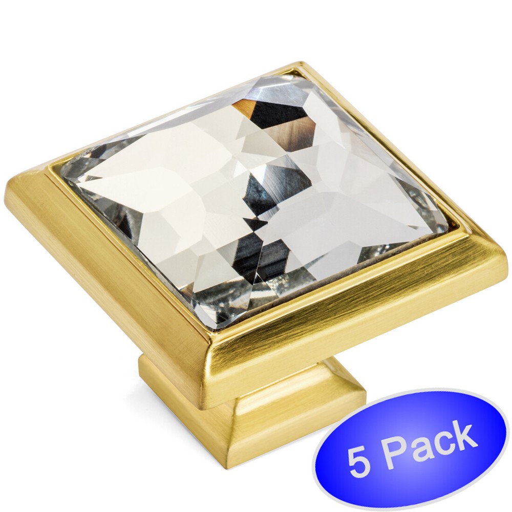 *5 Pack* Cosmas Brushed Brass & Clear Glass Square Cabinet Knobs #5883BB-C