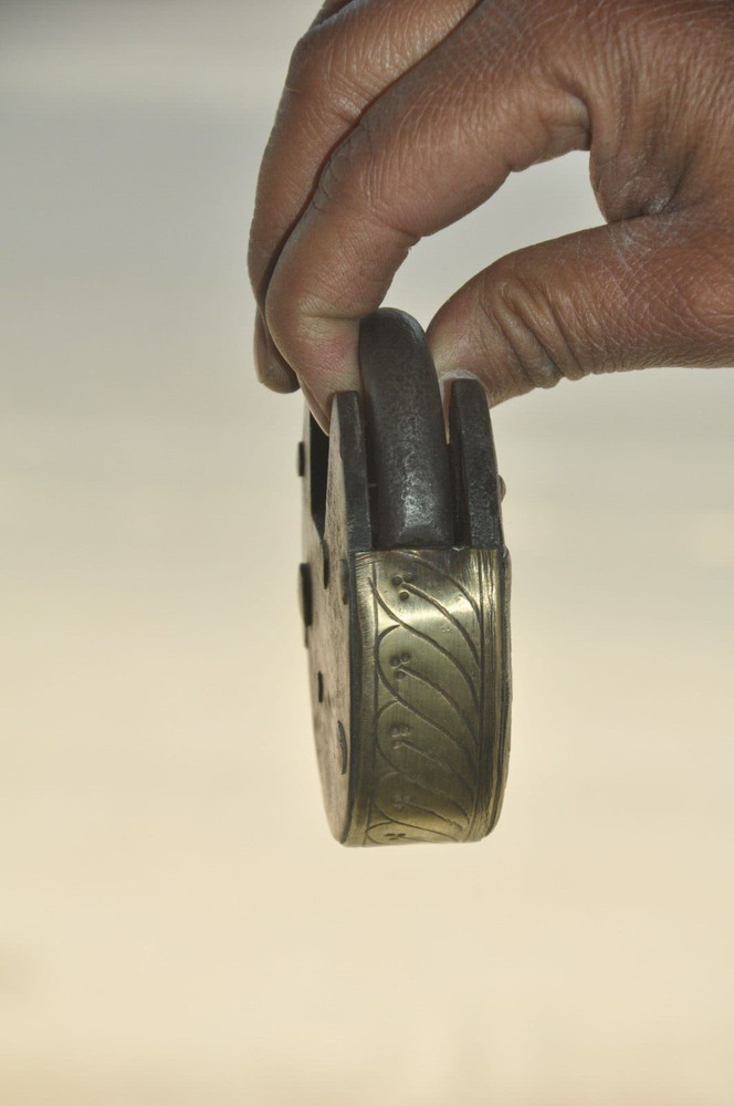 Vintage Iron Round Engraved Handcrafted Brass Fitted Solid Padlock