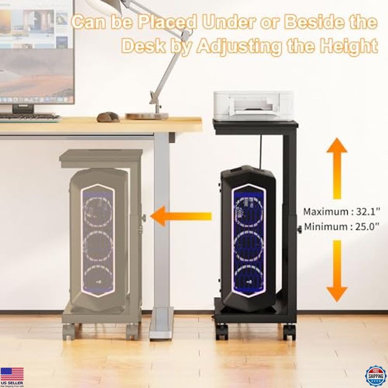 Snughome Height Adjustable Computer Tower Stand with Charging Station on Wheels