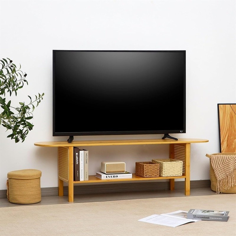 Bamboo TV Stand Rattan Design Ample Storage Multi-Functional Easy Assembly New