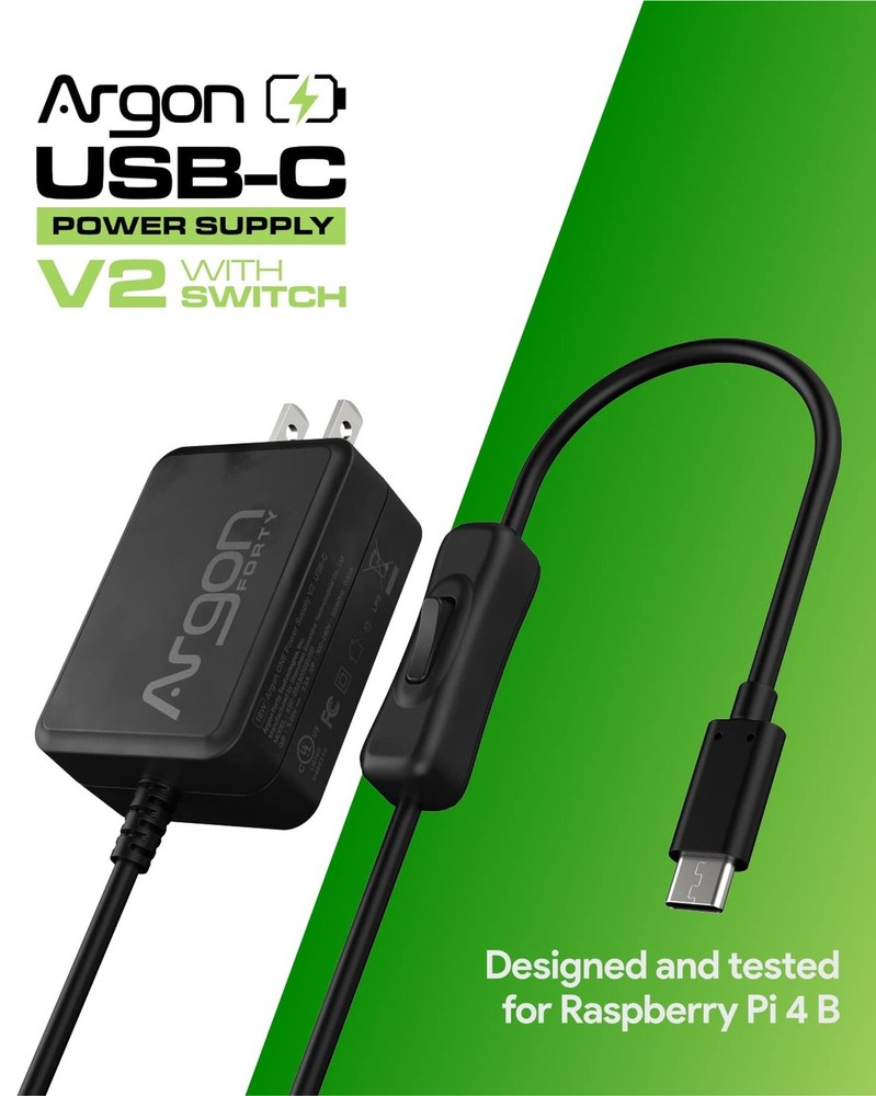 Argon USB C Power Supply with Switch | Raspberry Pi 4 Power Supply