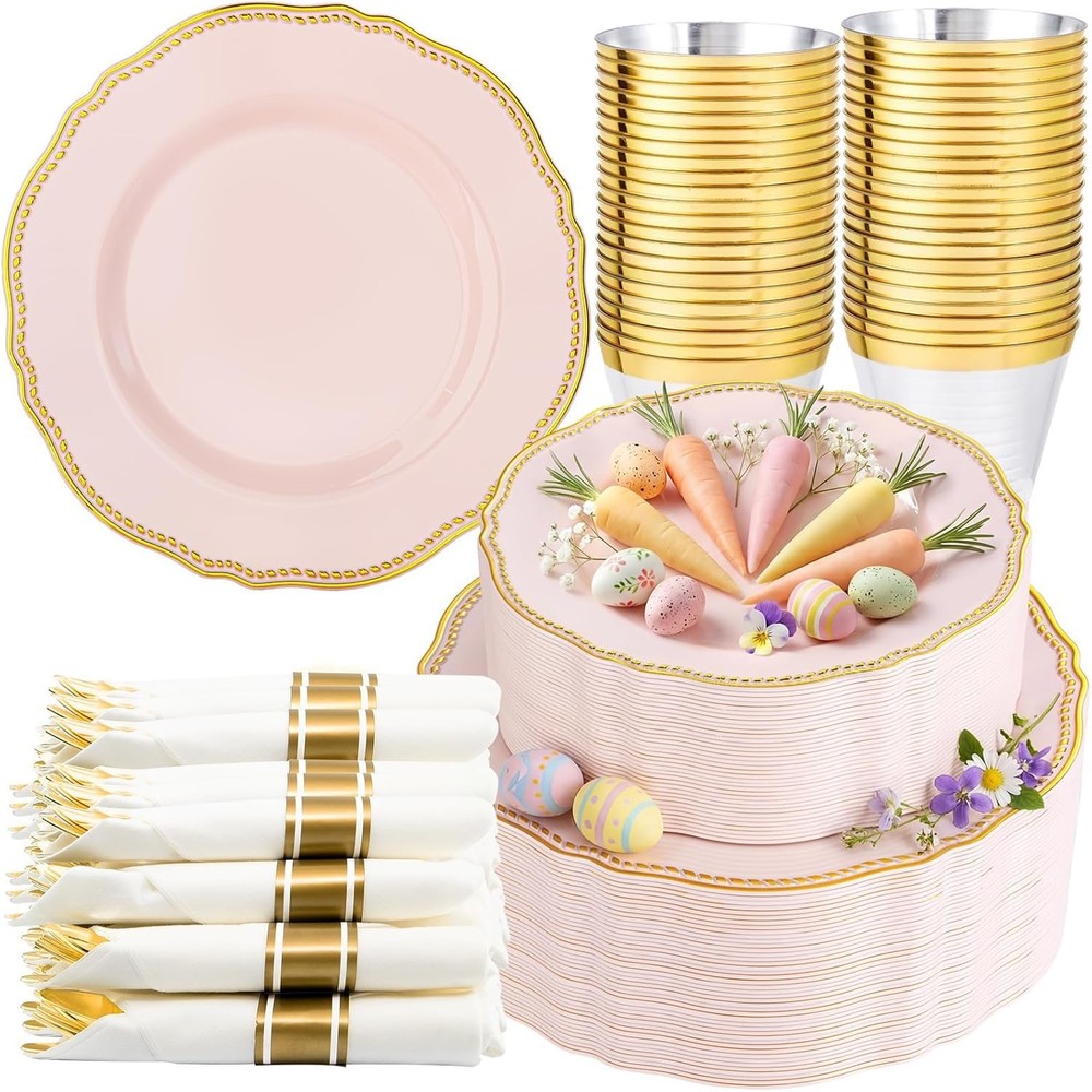 Bla and gold Plastic Plates - Gold Plastic Dinnerware Set