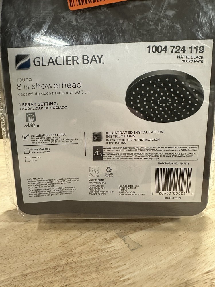 Glacier Bay1-Spray Pattern 8” Single Ceiling Mount Fixed Rain Shower Head Black