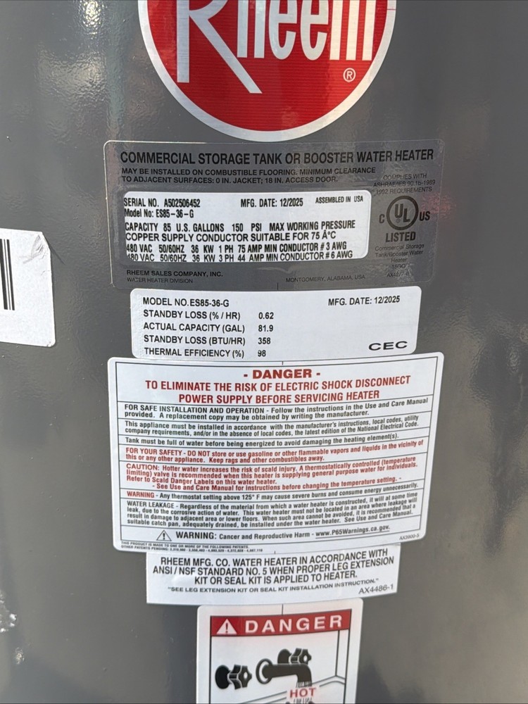 Rheem Es85-36-G 85 Gal Commercial Electric Water Heater, Single, Three Phase