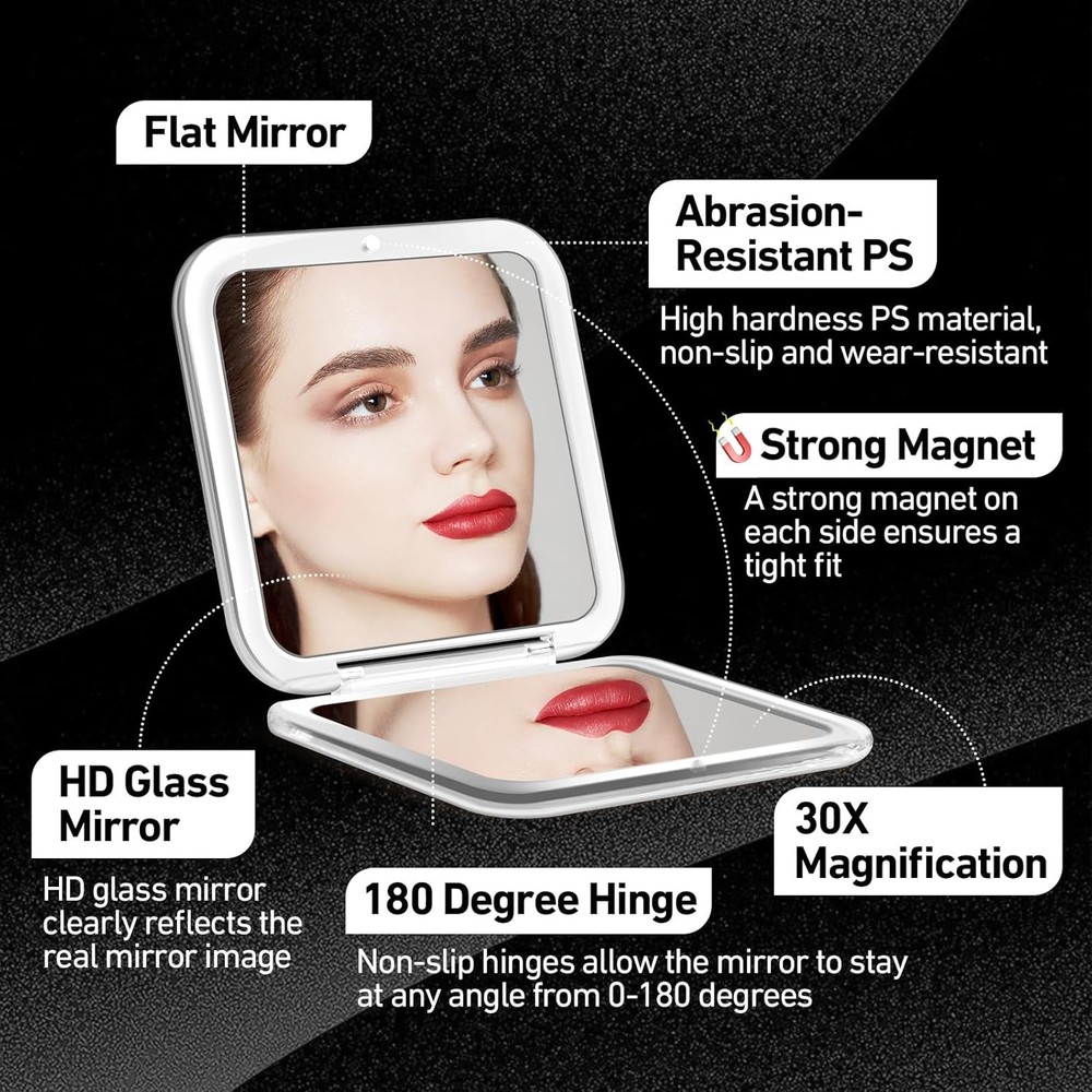 Compact Mirror, 30X Magnifying 3.2"L x 3.2"W, Pearlescent Black