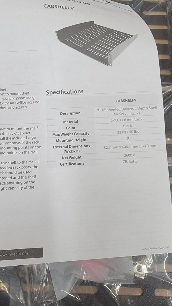 StarTech.com 2U 16in Universal Vented Rack Mount Cantilever Shelf - Fixed Server