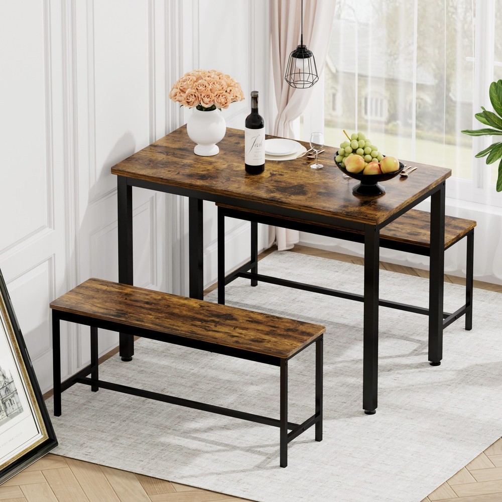 Dining Table Set, Bar Table with 2 Dining Benches, Kitchen Table Counter with