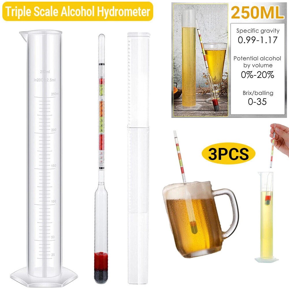 One Set Triple Scale Alcohol Hydrometer and Test Jar for Home Brew Wine
