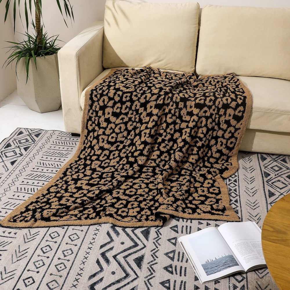 Fuzzy Leopard Knitted Throw Blanket Soft Cozy Warm Microfiber Blanket for Cou...