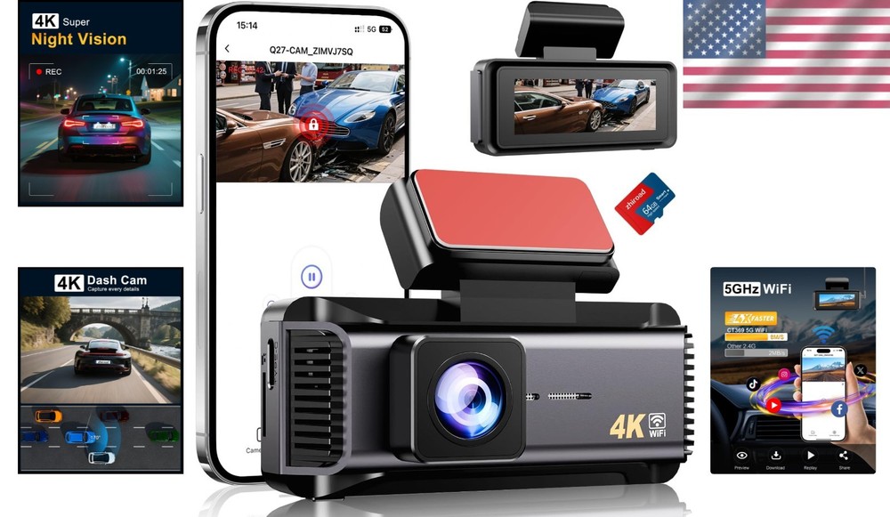 WiFi Enabled 4K Dash Cam with Loop Recording & G-Sensor - Includes 64GB Card