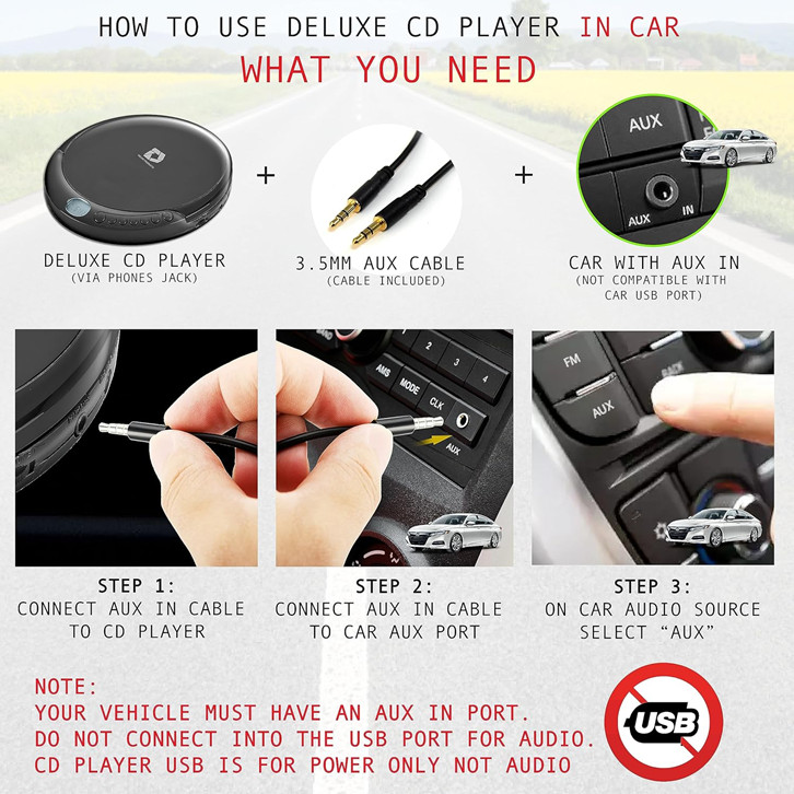 CD Player Portable with 60 Second Anti-Skip Stereo Earbuds Includes Aux-in Cable