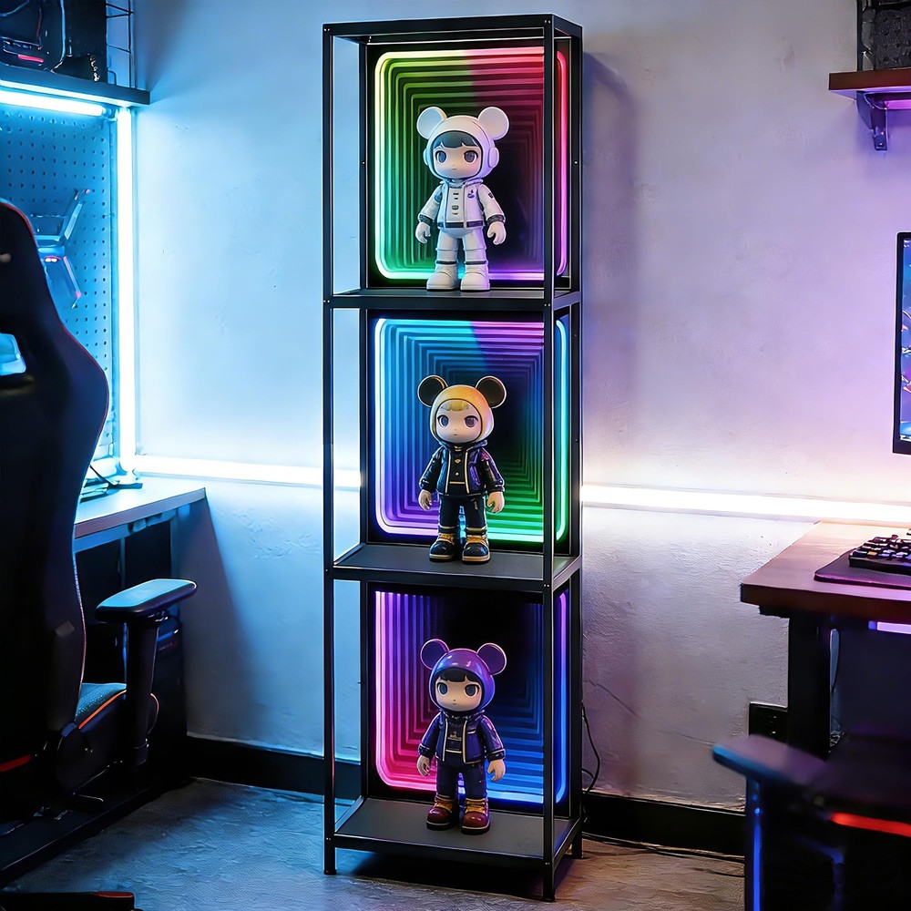 3 Tier Storage Cabinet with LED Infinity Mirror Light, RGBW Display Cabinet w...