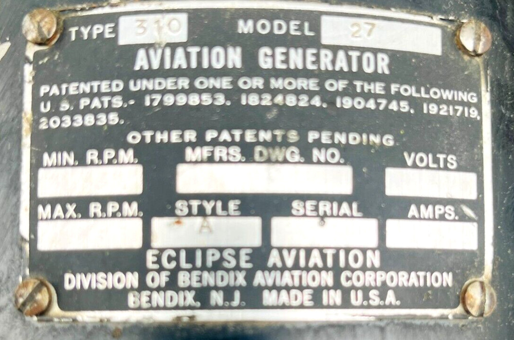 US Naval Air Station Eclipse Aviation Generator Type 310 Model 27 Type 1002-3
