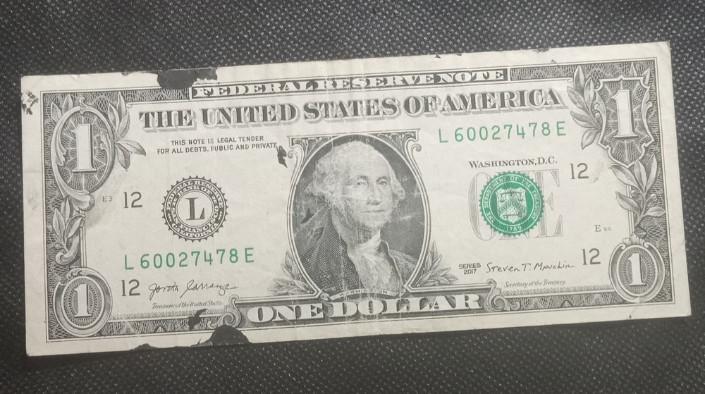 2017 1 Dollar Bill With Ink Error, Back and Front Smear, Lightly Circulated